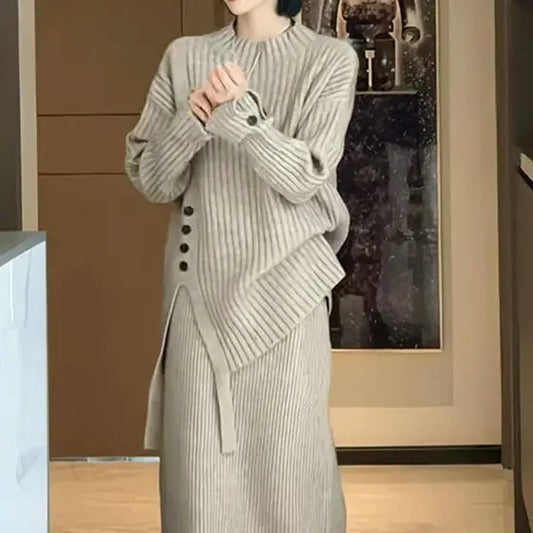 Knitted Sweater Two Piece Set Women's Autumn and Winter Thickened Comfortable Pullover Loose Sweater Tops and Knitted Dress Set