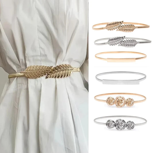 New Elastic Gold SIilver Chain Belt Women Metal Waistband Leaf Rose Stick Stretch Belt Dress Skirt Shirt Coat Clothes accessories