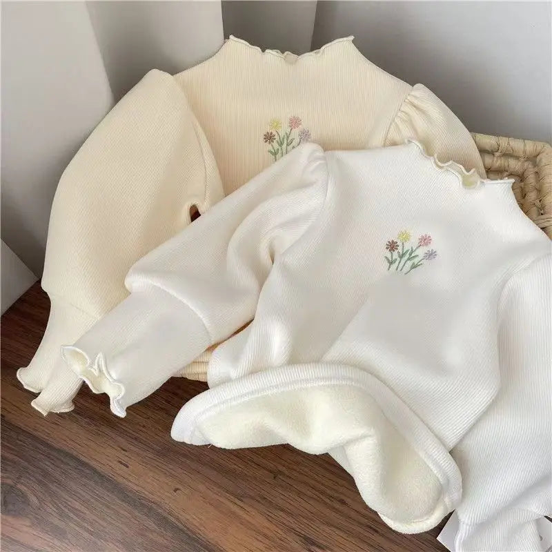 Autumn Winter Girls Bottoming Shirt Flower Embroidery Puff Sleeve Kids Baby Warm Thickening T-shirts Children Casual Tops