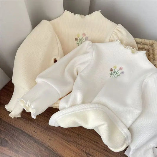 Autumn Winter Girls Bottoming Shirt Flower Embroidery Puff Sleeve Kids Baby Warm Thickening T-shirts Children Casual Tops