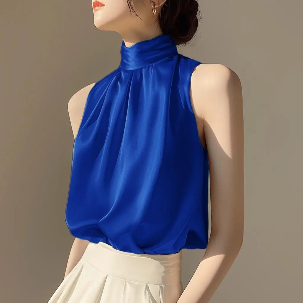Silkly Satin Sleeveless Crop Top Summer Half Turtleneck Women Pulover Tee Halter Vest Lady Loose Shirts Red party Blouses