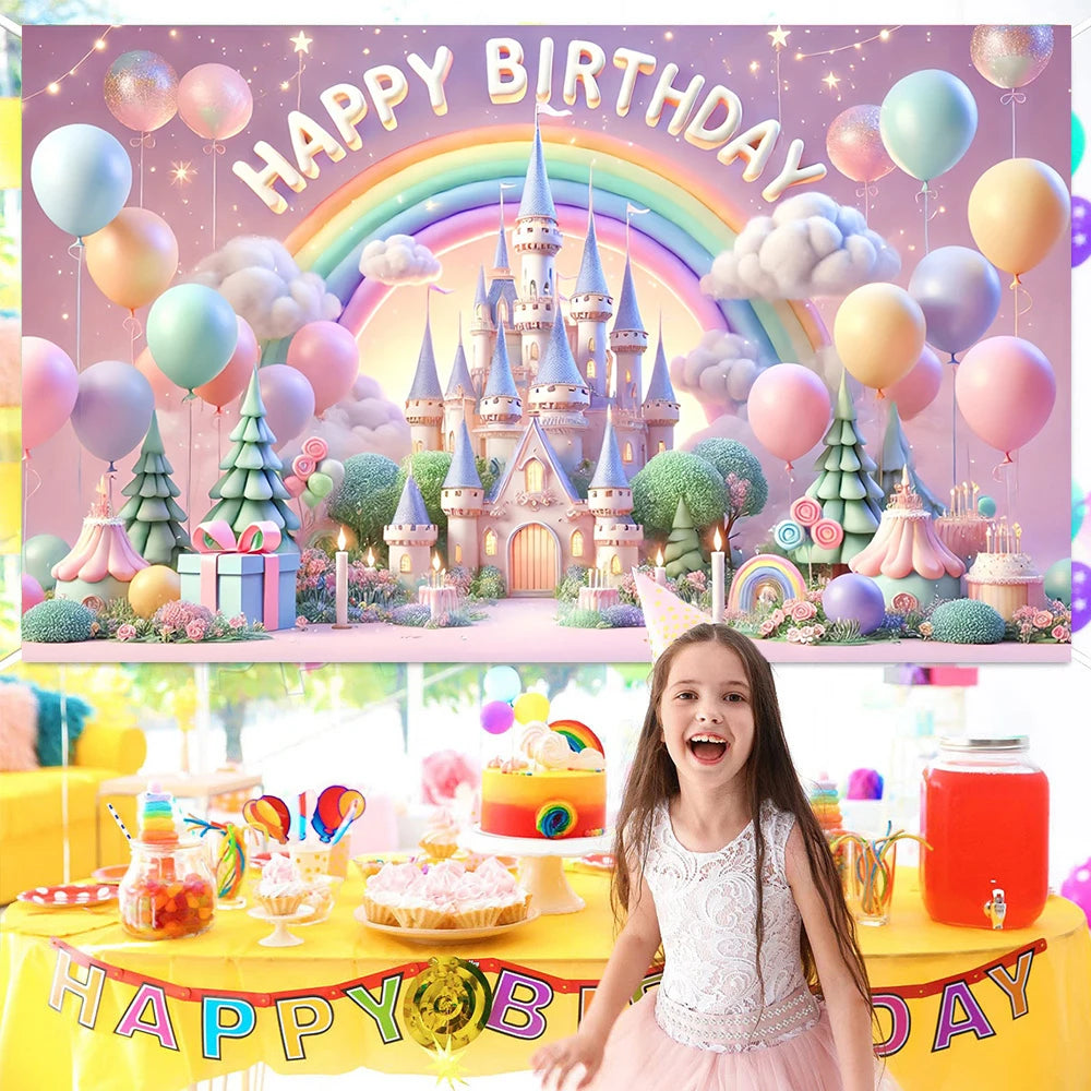 Colorful Happy Birthday Background 3d Balloons Rainbow Children Girl Birthday Party Decoration Banner Baby Party Photo Prop Gift