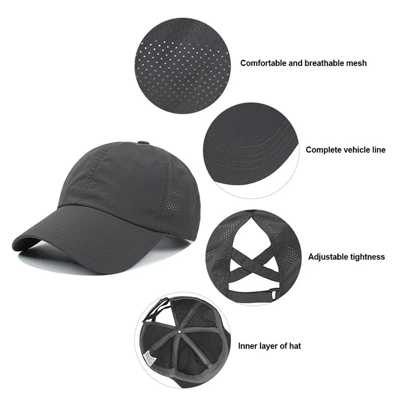 Summer Solid Color Baseball Caps Golf Wear Women Sport Leisure Cross Ponytail Hat Mesh Quick-Drying Half-Hollow