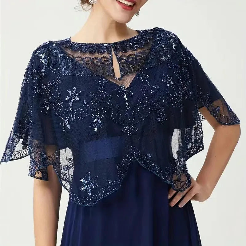 Elegant Baroque Sequin Embroidery Shawl - 1920s Flapper Party Cover Up - Solid Color & Breathable Mesh