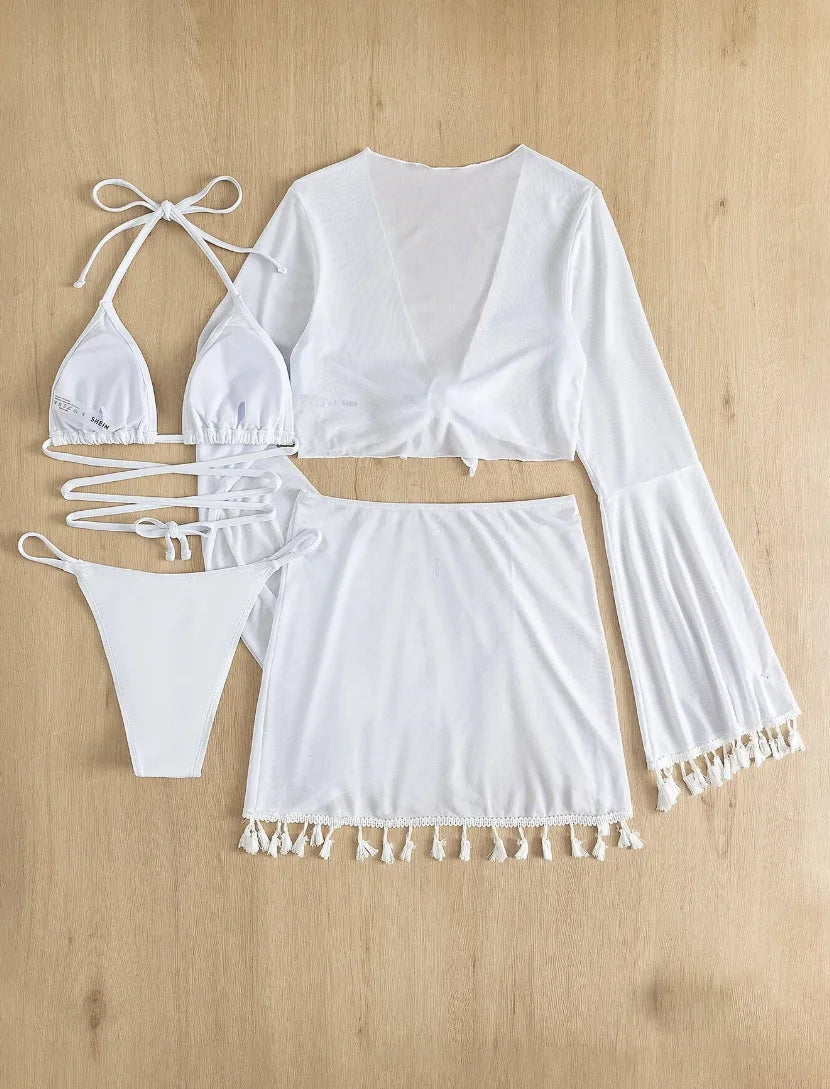 New Conservative Four Piece Solid Color Tassel Hoodie, Mesh Skirt, Bikini Swimsuit for Women
