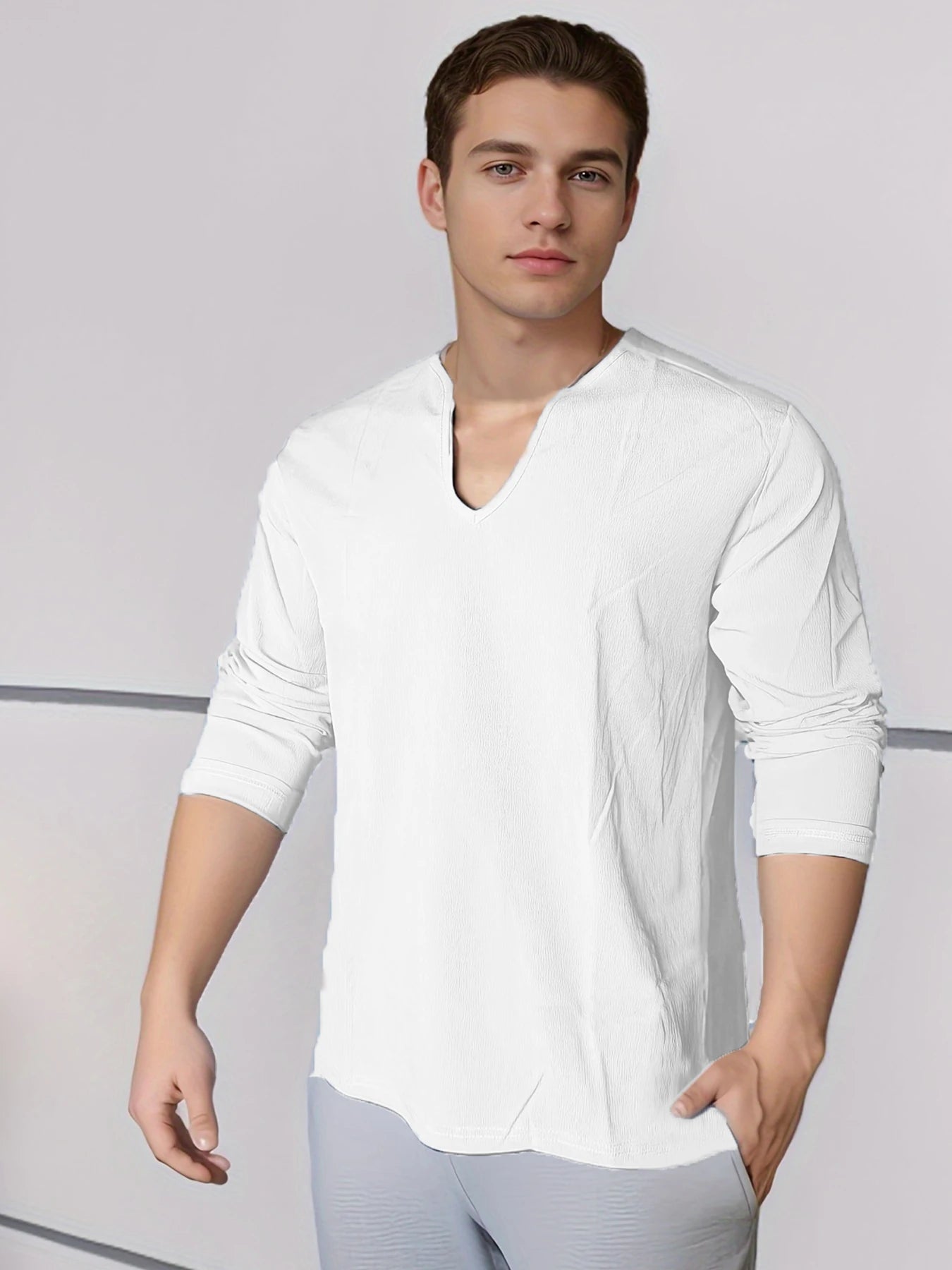 Men's Shirt Top V Neck Breathable Beach Shirt Long Sleeves Closure Regular Fit Solid Color Male Casual Shirt For Daily Vacation mon