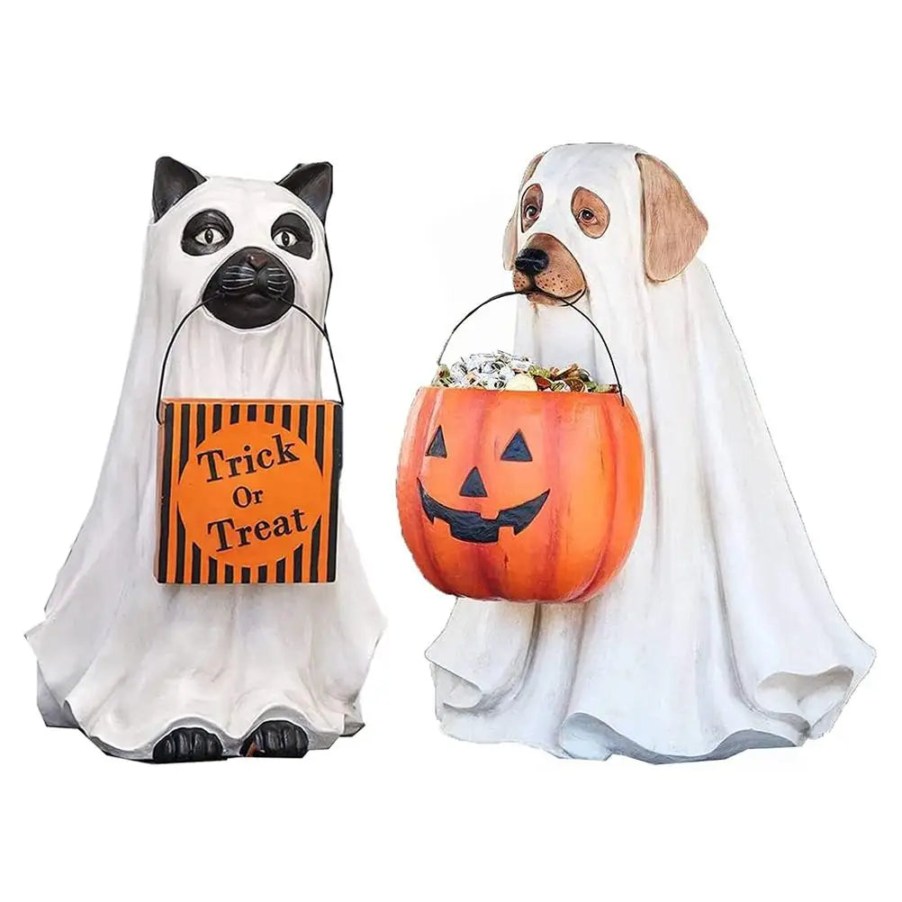 Halloween Dog Cat Ornaments with Candy Bowl Halloween Pumpkin Snack Bowl Stand for Trick Or Treat Indoor Outdoor Decorations