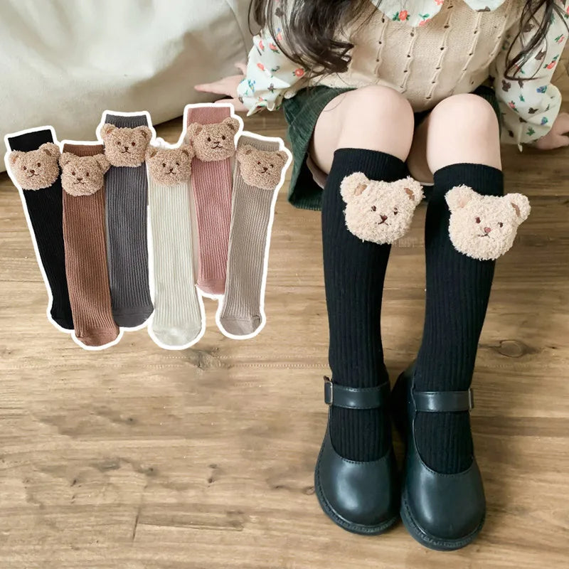 Bear Doll Children Long Tube Socks Winter Autumn Warm Kids Knee High Sock Cotton Girl Sokken Soild Color Stockings 2-8Y