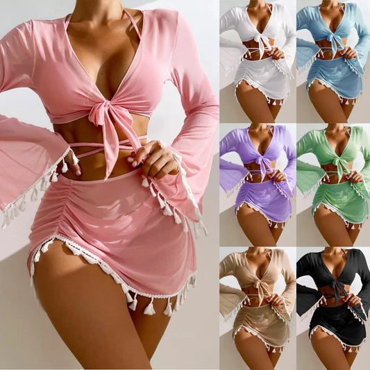 New Conservative Four Piece Solid Color Tassel Hoodie, Mesh Skirt, Bikini Swimsuit for Women