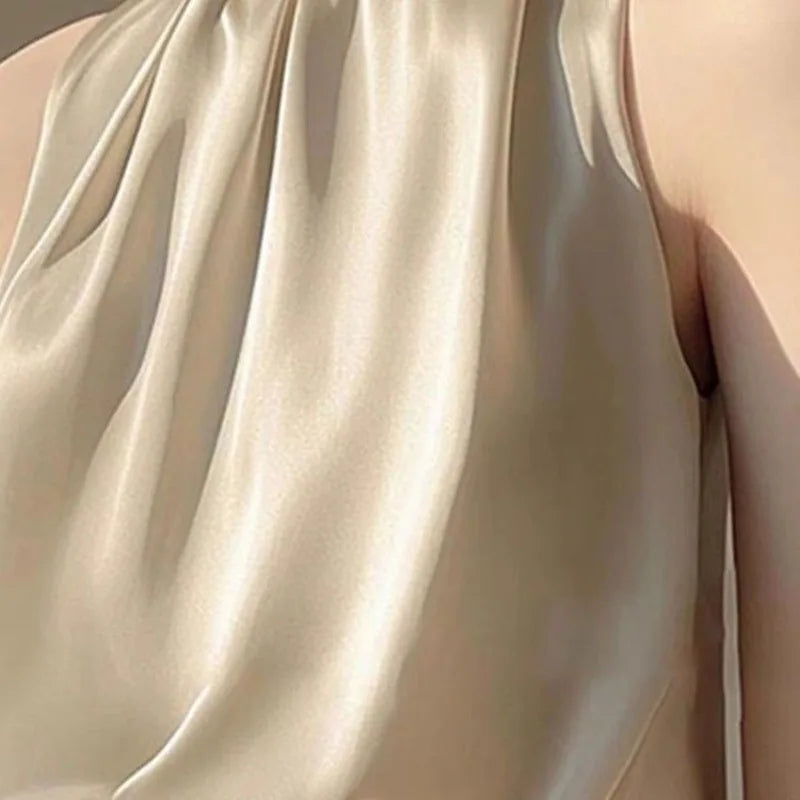 Silkly Satin Sleeveless Crop Top Summer Half Turtleneck Women Pulover Tee Halter Vest Lady Loose Shirts Red party Blouses