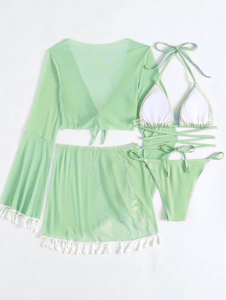 New Conservative Four Piece Solid Color Tassel Hoodie, Mesh Skirt, Bikini Swimsuit for Women