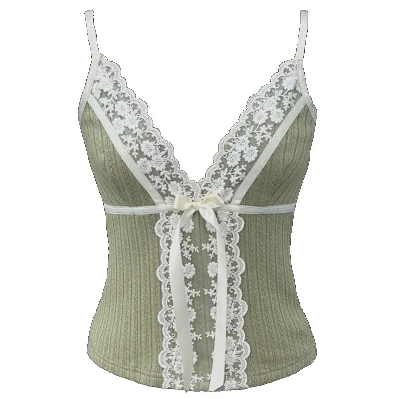 Combhasaki Women Y2K Elegant Fairycore Floral Lace Trim Patchwork Camis Sleeveless Deep V-Neck Bow Decor Slim Fit Crop Vest Tops