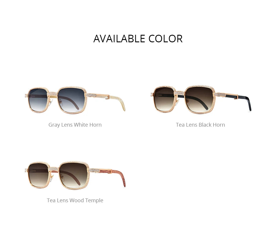 HEPIDEM High Quality Men Buffs Sunglasses Square Luxury Brand Design Diamond Sumptuous Sun Glasses Women Buffalo Horn Glasses