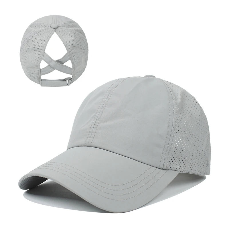 Summer Solid Color Baseball Caps Golf Wear Women Sport Leisure Cross Ponytail Hat Mesh Quick-Drying Half-Hollow