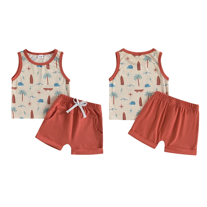Infant Toddler Boy Summer Clothes Sleeveless Pattern Print Tank Vest Top Solid Jogger Shorts Set Beach Outfit