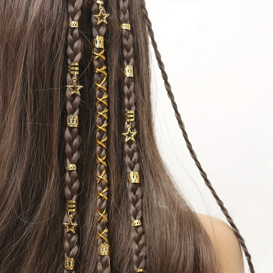 36pcs Star Decor Hair Ring Accessories ,Beads Hair Braid Rings Clips Dread Locks Hair Braiding Metal Cuffs Decoration