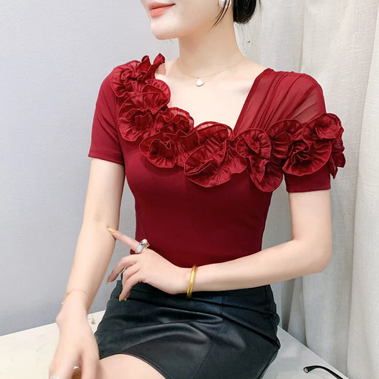 Summer Cotton T-shirts Chic Asymmetric Neckline Off-Shoulder Ruffle Trim Slim Fit Tee Exclusive Boutique Women's Casual Top