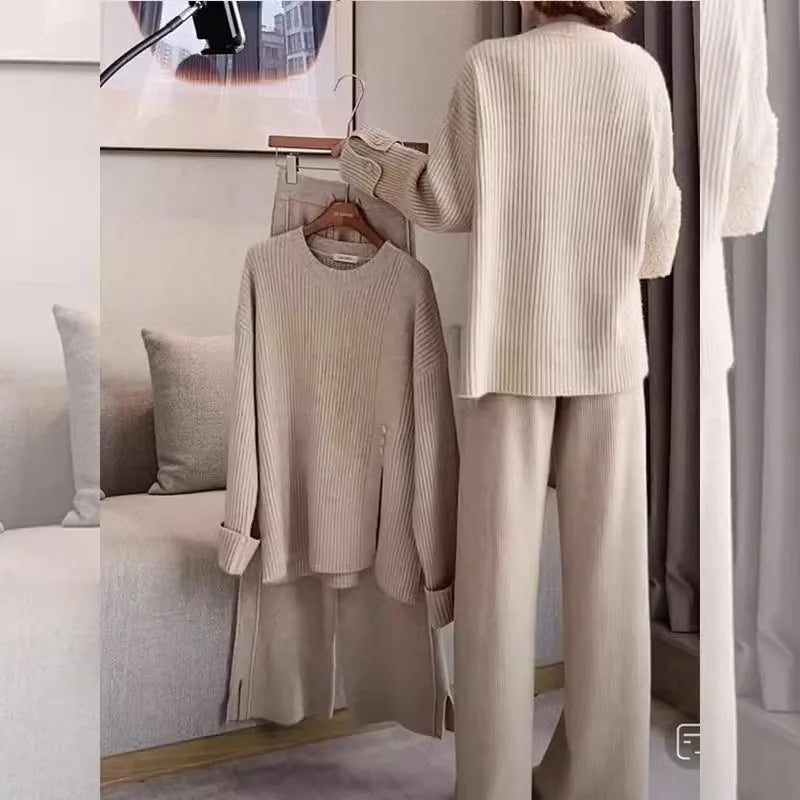 REALEFT Autumn Winter 2 Pieces Women's Sets Knitted Tracksuit Button O-Neck Split Sweater and Straight Jogging Pants Suit