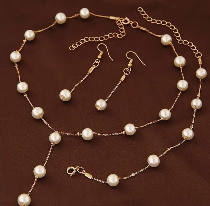 4pcs Gold-color Necklace Earring Bracelet Set Ladies Elegant Imitation-Pearls Collection Temperament Tassel Jewelry
