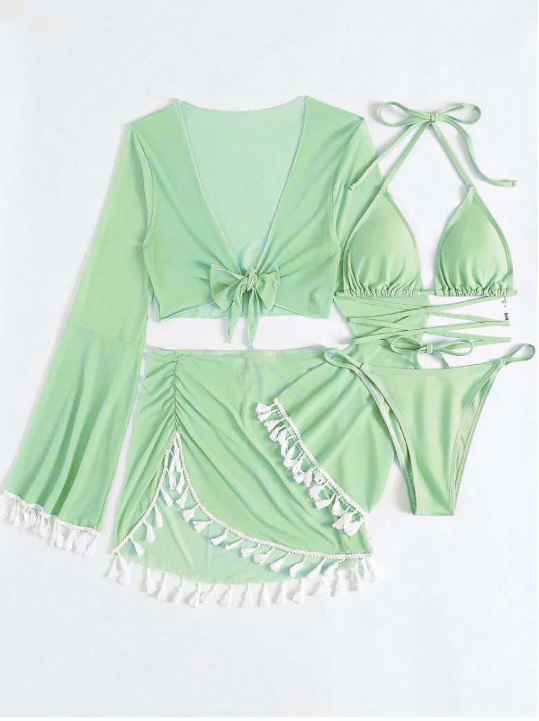 New Conservative Four Piece Solid Color Tassel Hoodie, Mesh Skirt, Bikini Swimsuit for Women