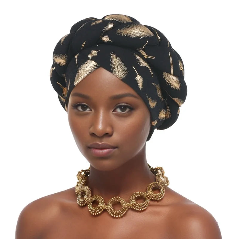 Feather Braid Turban Caps for Women Headwear Headscarf Bonnet Female Head Wraps African Indian Hat Turbante Mujer