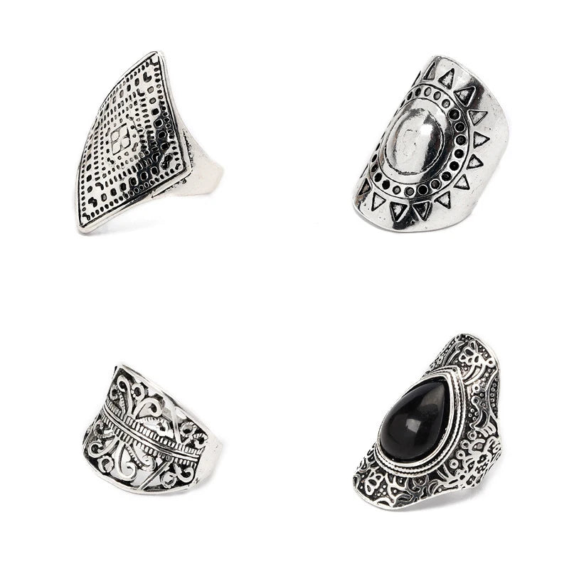 4Pcs/Set Fashion Vintage Silver Plated Gypsy Boho Ethnic Ring Hollow Carved Rhinestone Midi Knuckle Rings Women Jewelry