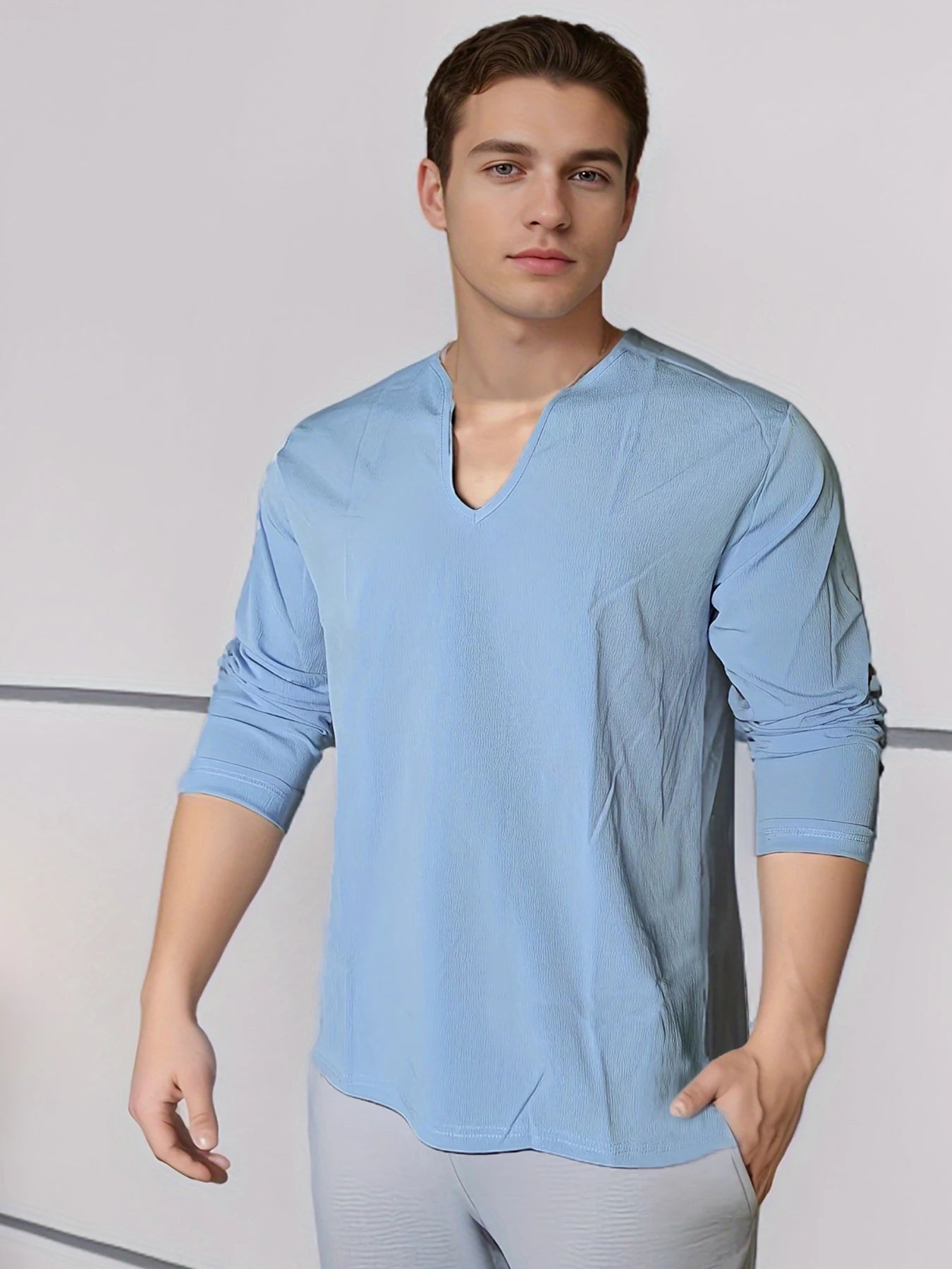 Men's Shirt Top V Neck Breathable Beach Shirt Long Sleeves Closure Regular Fit Solid Color Male Casual Shirt For Daily Vacation mon