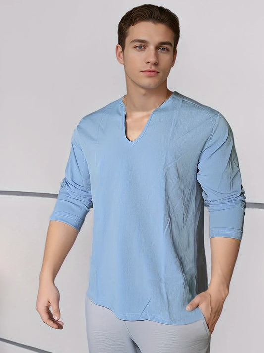 Men's Shirt Top V Neck Breathable Beach Shirt Long Sleeves Closure Regular Fit Solid Color Male Casual Shirt For Daily Vacation mon