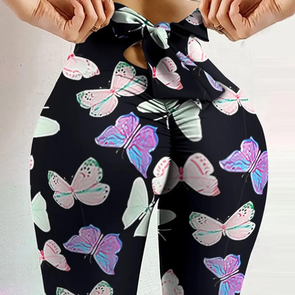 High Waist Butterfly Printed Leggings Bowknot Yoga Pants Bow Bandage Tights Women Butt Lift Exercise Fitness Yoga Legging