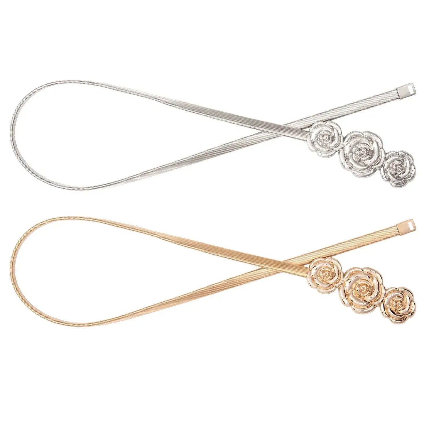 New Elastic Gold SIilver Chain Belt Women Metal Waistband Leaf Rose Stick Stretch Belt Dress Skirt Shirt Coat Clothes accessories