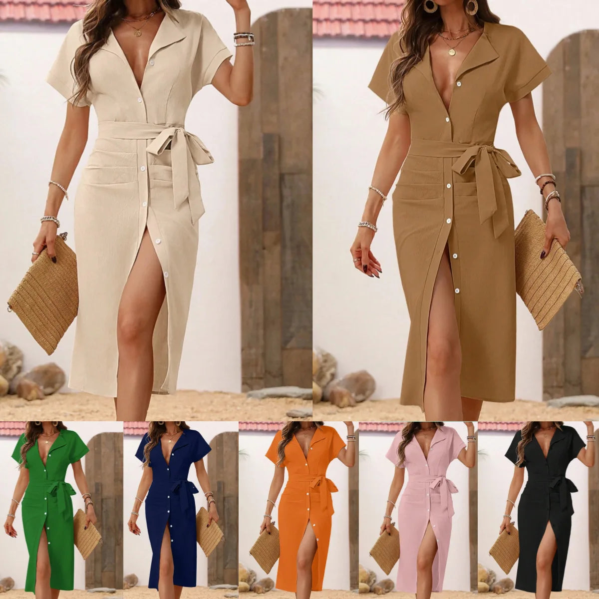 Women's Casual V Neck Short Sleeved Single-breasted Lace-up MIDI Dress Summer Solid Color Stylish Elegant Female Shirt Dresses