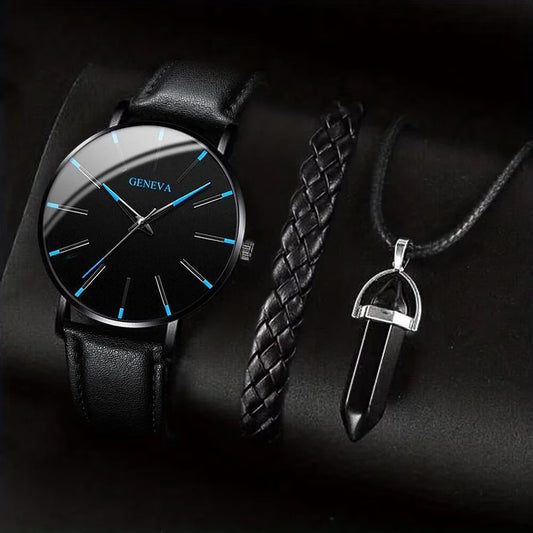 3PCS/Set Fashion Men's Watch Casual Leather Band Quartz Wristwatch Men Business Watches Bracelet Necklace Set accessories
