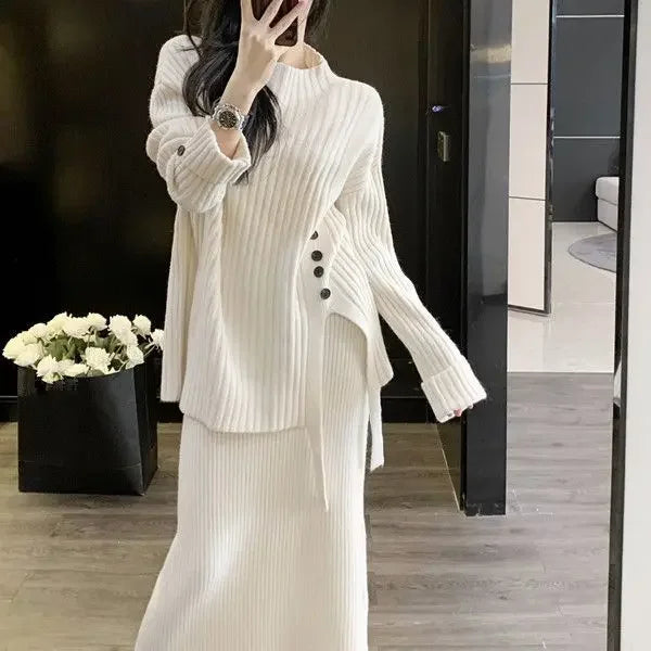 Knitted Sweater Two Piece Set Women's Autumn and Winter Thickened Comfortable Pullover Loose Sweater Tops and Knitted Dress Set