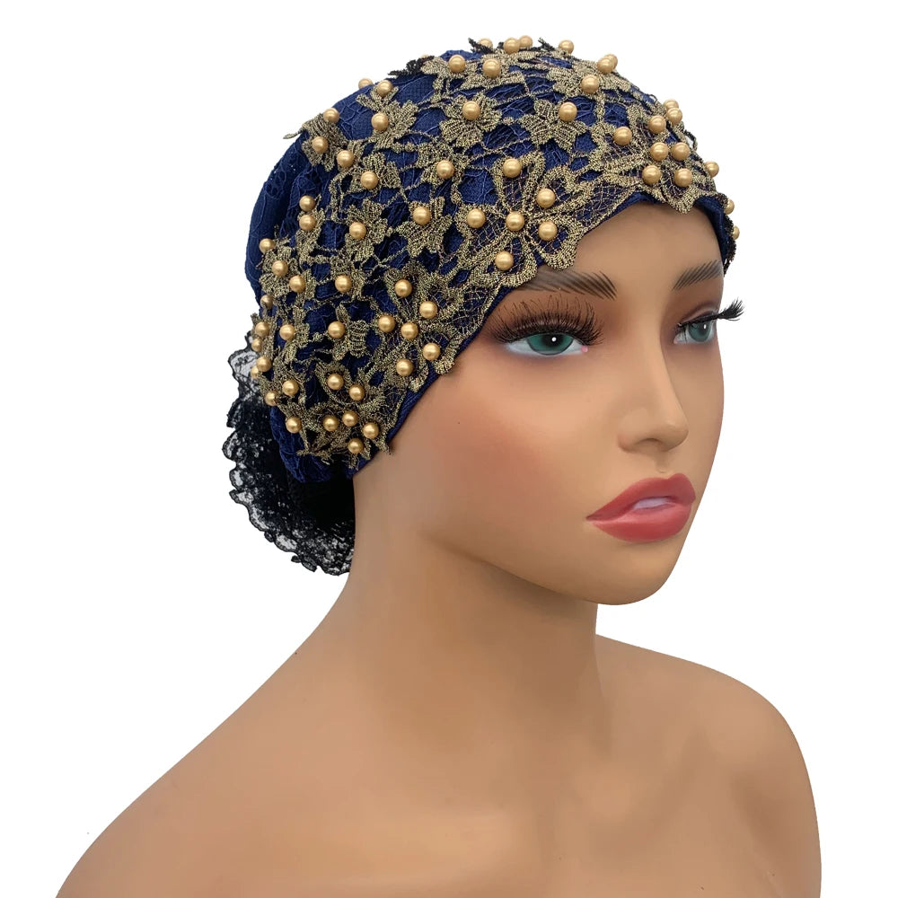 Embroidery Beading Turban Cap for Women Muslim Headscarf Hat Hairloss Chemo Cap African Headwrap Bonnet