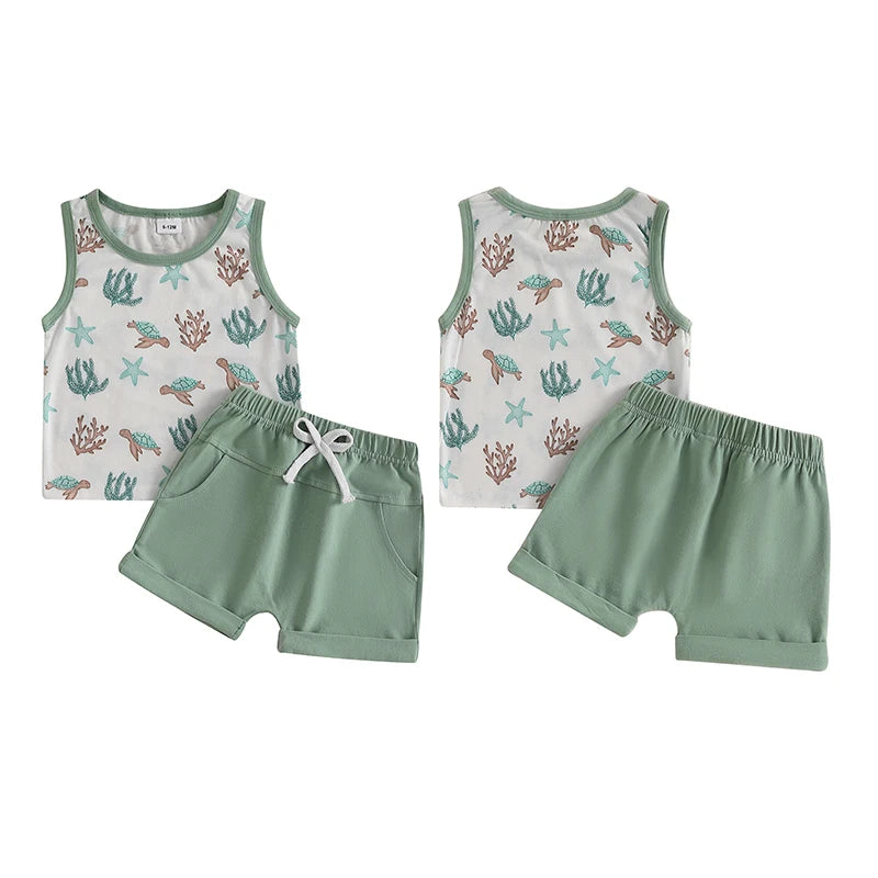 Infant Toddler Boy Summer Clothes Sleeveless Pattern Print Tank Vest Top Solid Jogger Shorts Set Beach Outfit