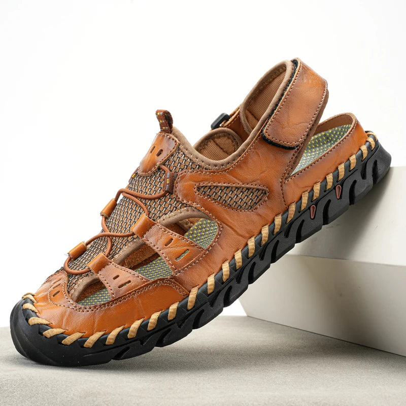 Handmade Summer Sandals Men Breathable Leather Shoes Man Retro Outdoor Men Sandals Antiskid Beach Sandals Hollow Shoes Footwear
