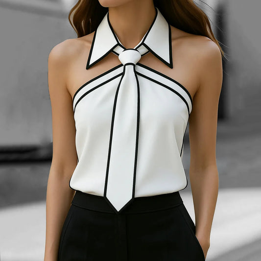 Women Shirt Tie Neck Strap Necktie Lapel Design Loose Long Sleeve Blouses Blusas Mujer Moda Contrast Binding Shirt