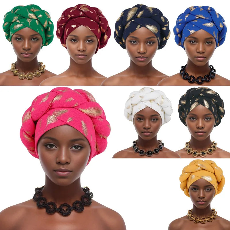 Feather Braid Turban Caps for Women Headwear Headscarf Bonnet Female Head Wraps African Indian Hat Turbante Mujer