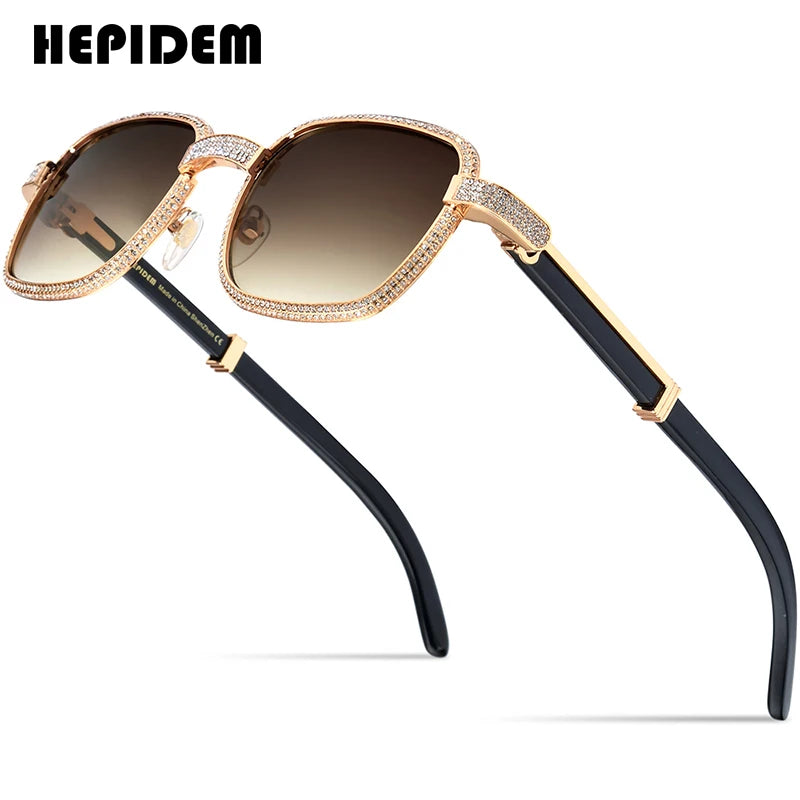 HEPIDEM High Quality Men Buffs Sunglasses Square Luxury Brand Design Diamond Sumptuous Sun Glasses Women Buffalo Horn Glasses