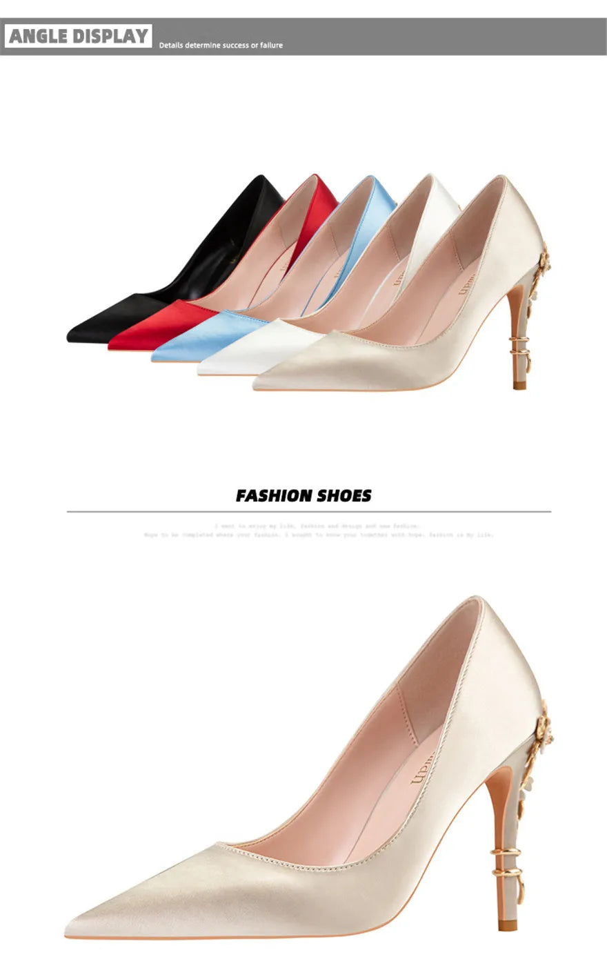 Luxury Metal Flowers Heel Crystal Bridal Shoes For Women Pointed Soft Silk Dress Shoe Shallow Sexy High Heels Pumps Female Party