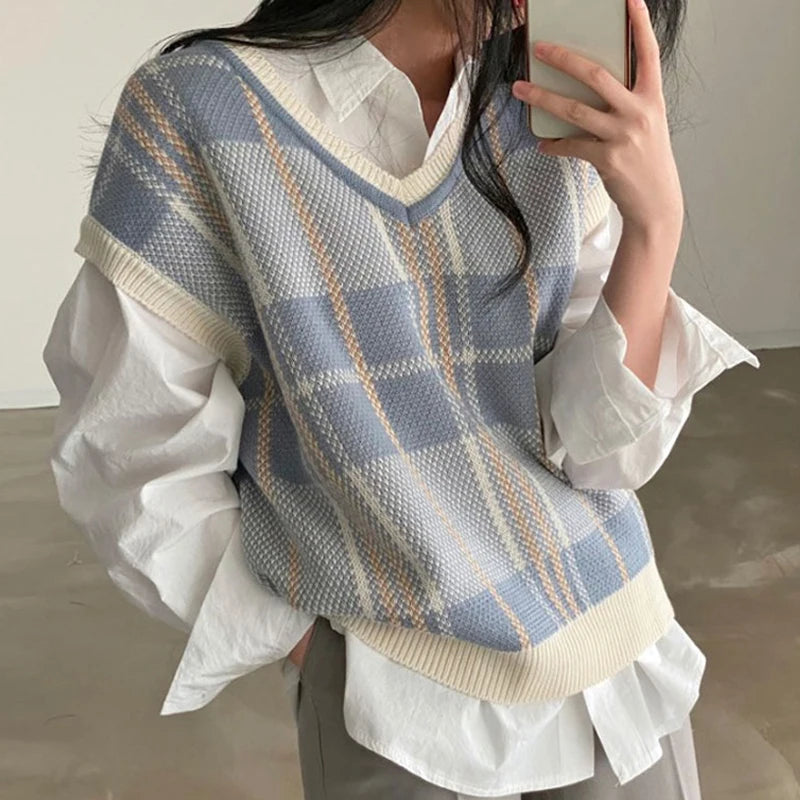 Vintage V-neck Plaid Sweater Vest Women Autumn Winter Vintage Knit Sweaters Pullover Loose Korean Knitwear Tops Pull Femme