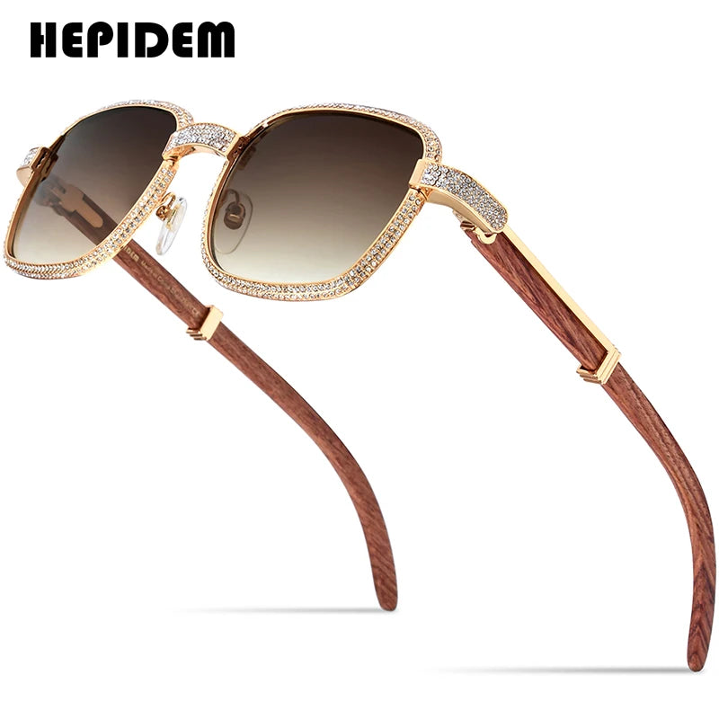 HEPIDEM High Quality Men Buffs Sunglasses Square Luxury Brand Design Diamond Sumptuous Sun Glasses Women Buffalo Horn Glasses