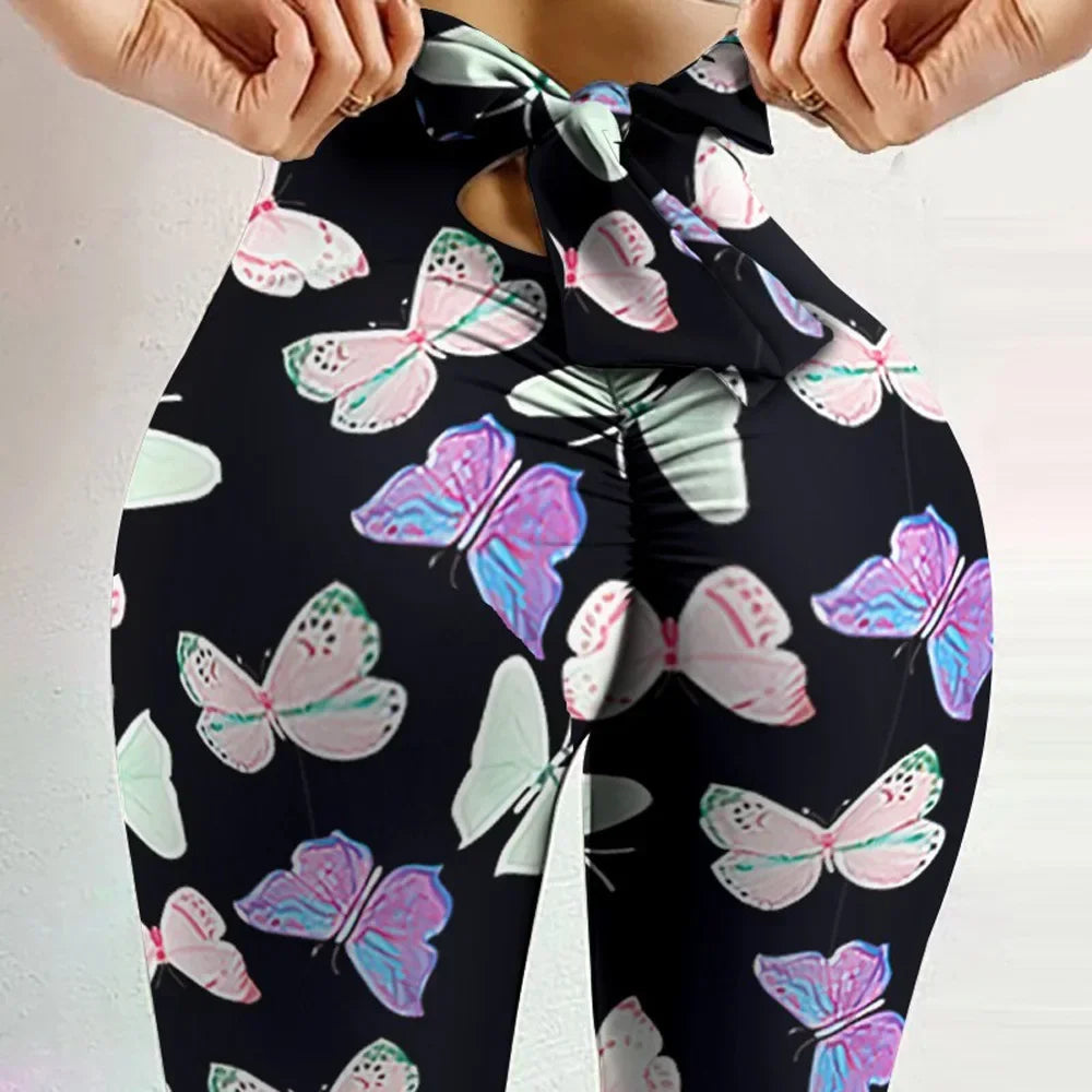 High Waist Butterfly Printed Leggings Bowknot Yoga Pants Bow Bandage Tights Women Butt Lift Exercise Fitness Yoga Legging