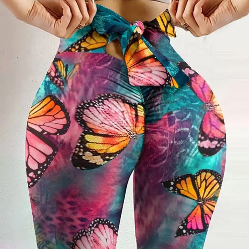 High Waist Butterfly Printed Leggings Bowknot Yoga Pants Bow Bandage Tights Women Butt Lift Exercise Fitness Yoga Legging