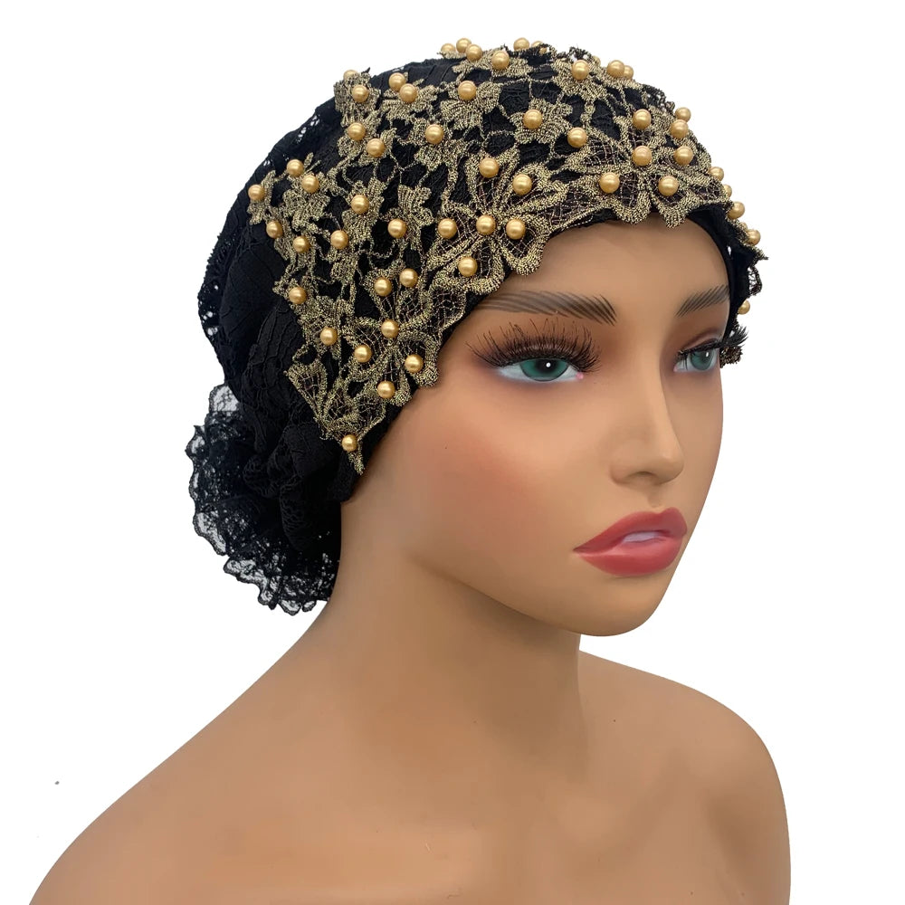 Embroidery Beading Turban Cap for Women Muslim Headscarf Hat Hairloss Chemo Cap African Headwrap Bonnet