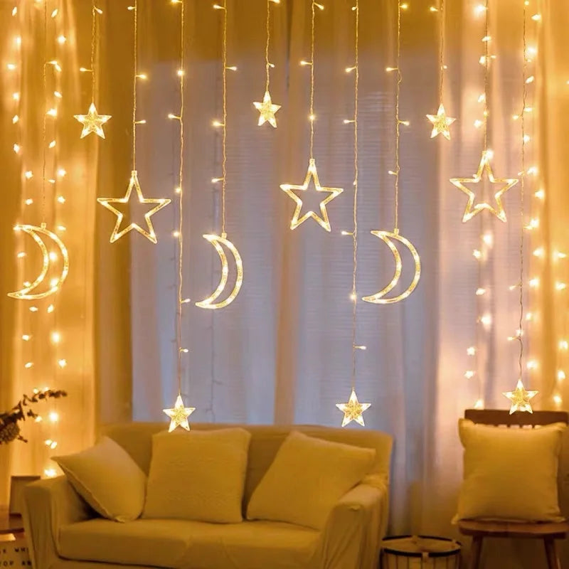 Moon Star Led Curtain Garland String Light EID Mubarak Ramadan Decorations for Home Islam Muslim Event Party Supplies Gifts
