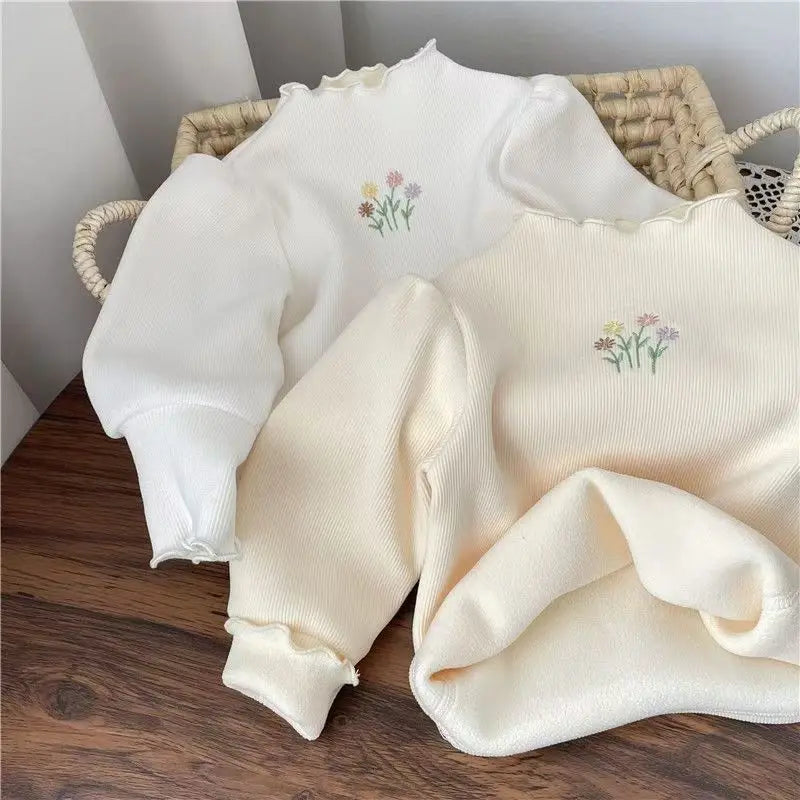 Autumn Winter Girls Bottoming Shirt Flower Embroidery Puff Sleeve Kids Baby Warm Thickening T-shirts Children Casual Tops