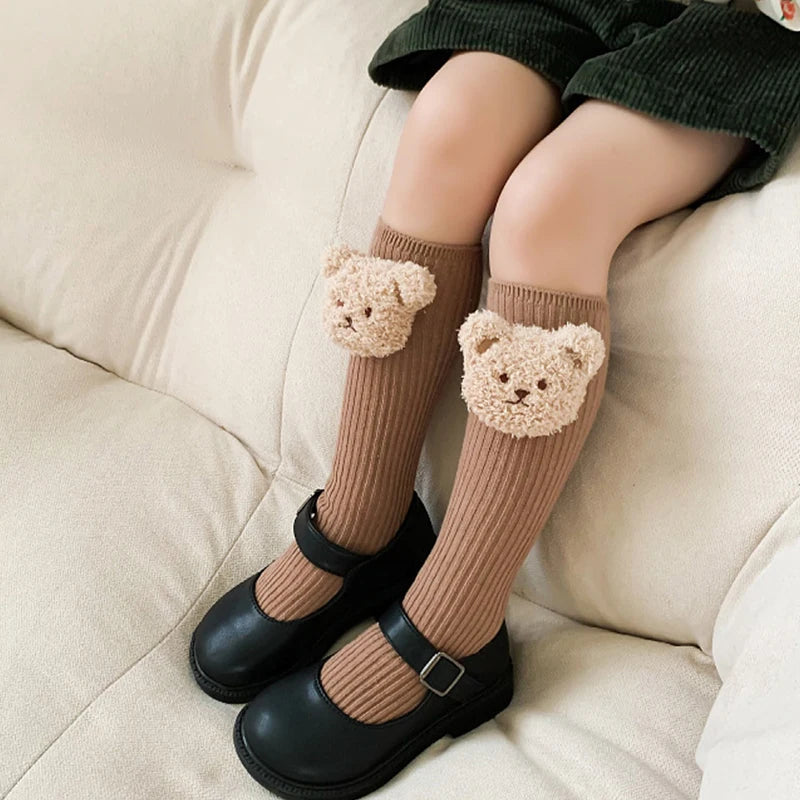 Bear Doll Children Long Tube Socks Winter Autumn Warm Kids Knee High Sock Cotton Girl Sokken Soild Color Stockings 2-8Y