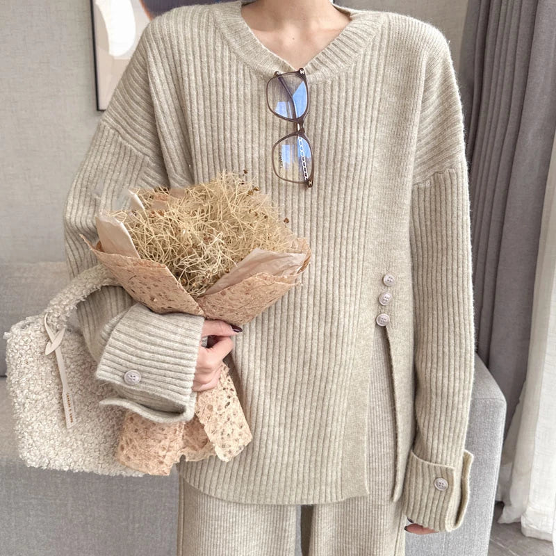 REALEFT Autumn Winter 2 Pieces Women's Sets Knitted Tracksuit Button O-Neck Split Sweater and Straight Jogging Pants Suit