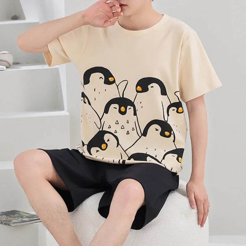 Summer 4XL Knitted Cotton Short Sleeved Men's Pajamas Sets Male Pajama Set Plaid Pajama For Men Sleepwear Suit Homewear mon